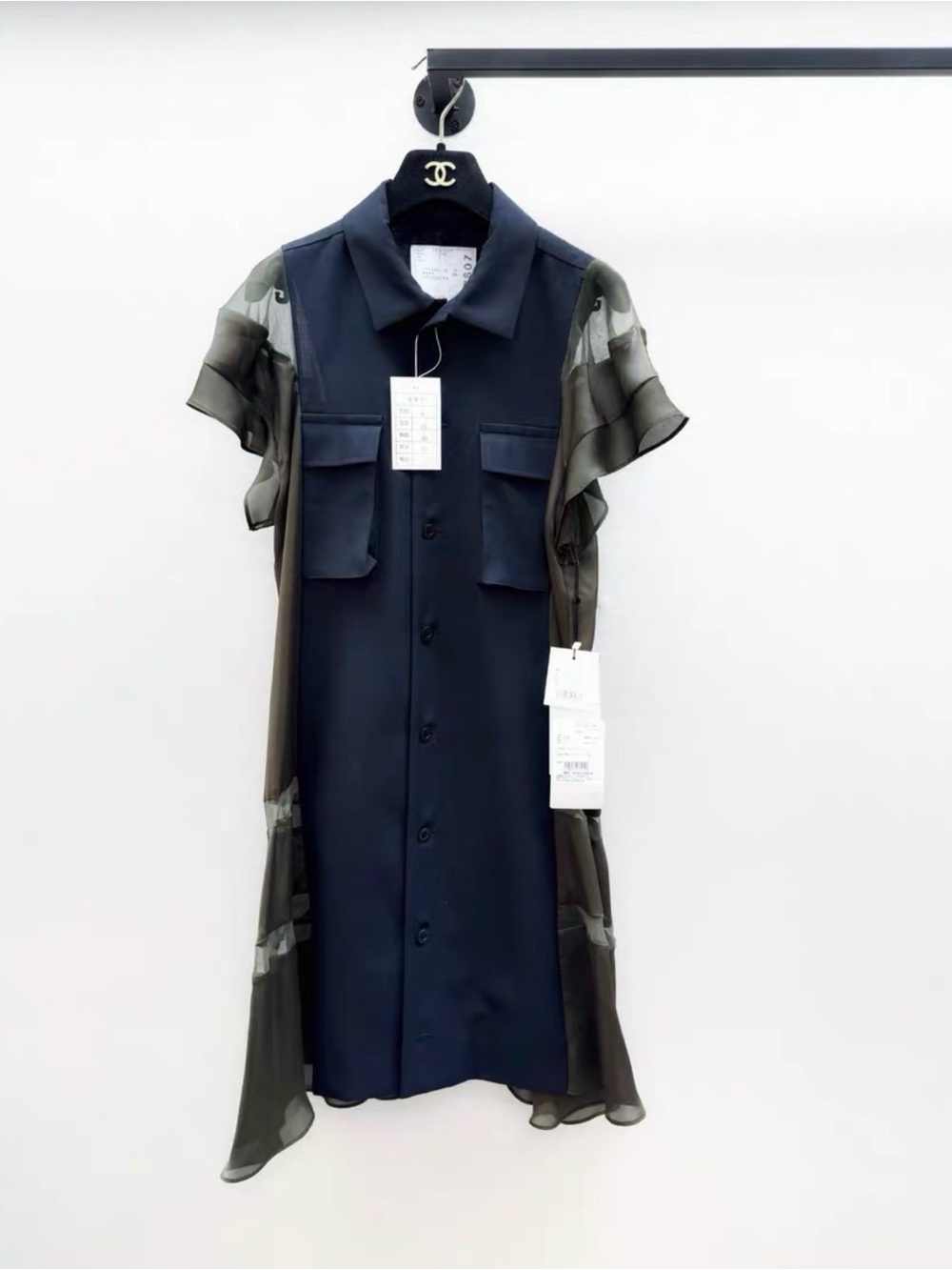 Sacai Navy Dress with Olive Sheer Panels